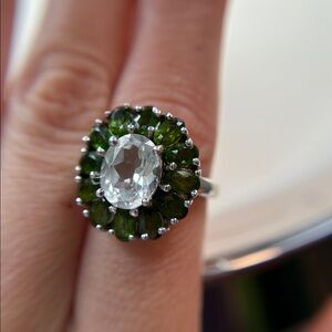 Elegant Chrome Diopside and Quartz Silver Ring